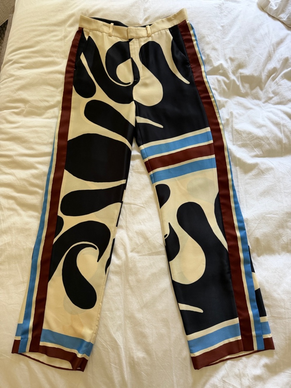 Zara Cream Trousers with Black Print & Blue-Brown Stripes